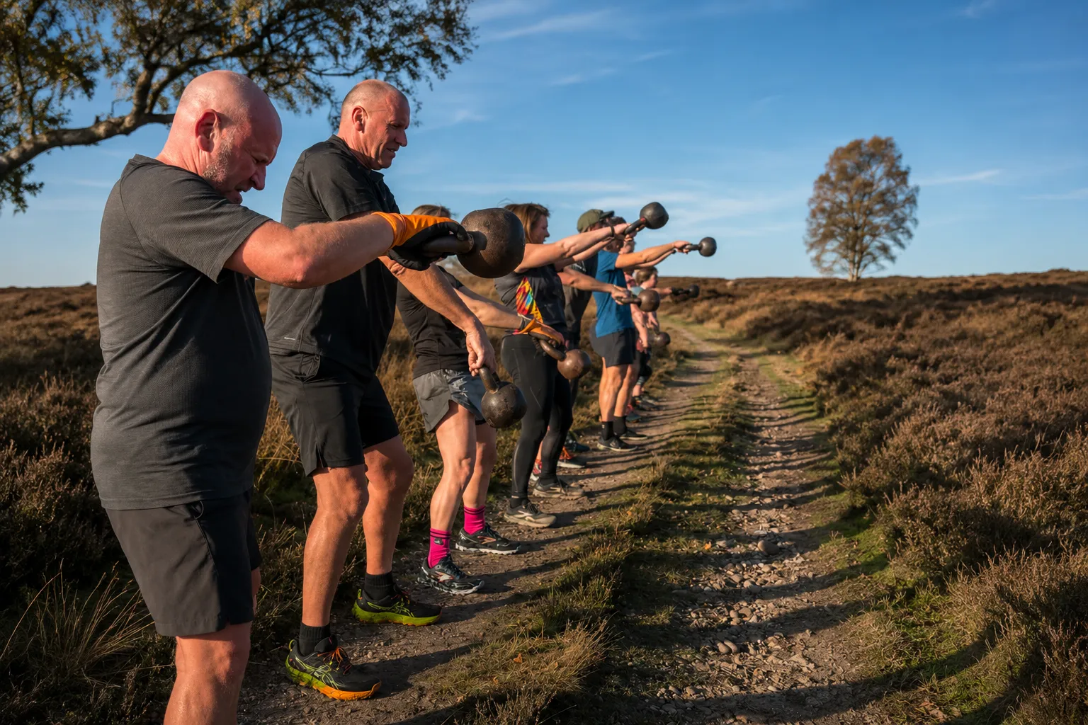 Group kettlebell deadlift session at a strength and conditioning class in Lichfield