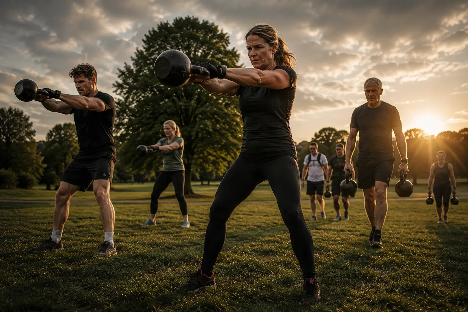 A line of Reboot members swinging kettlebells at sunset on heathland near Lichfield