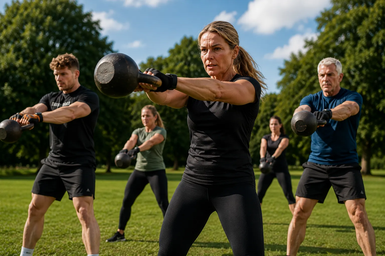 Group kettlebell swings in formation during a bootcamp military fitness class in Beacon Park, Lichfield
